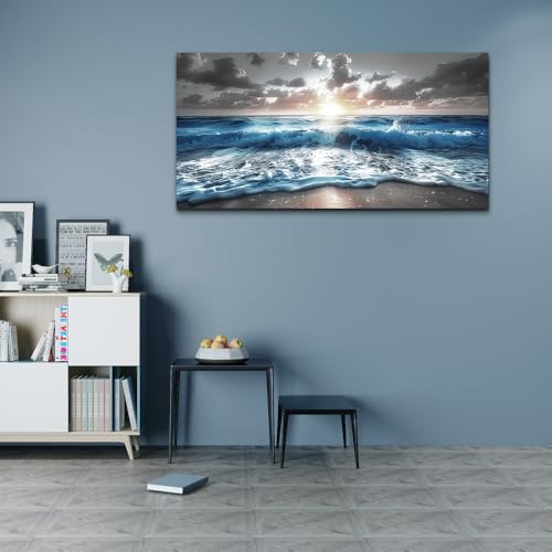 Canvas Wall Decor For Office Large Wall Art For Living Room Blue Beach Painting Sea Waves Sunshine Wall Pictures Bedroom Home Decorations Prints Posters Mural Artwork Ready To Hang (48"L x 24"W / Sea Sunshine Waves Pictures)
