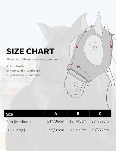 Horse Fly Mask with Forelock Opening Stretch Breathable and Comfortable for Horses UV (Piano Black / L)