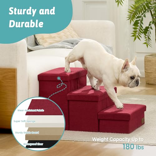 Dog Stairs with Storage (Burgundy / 38.1"L x 17"W x 22"H)