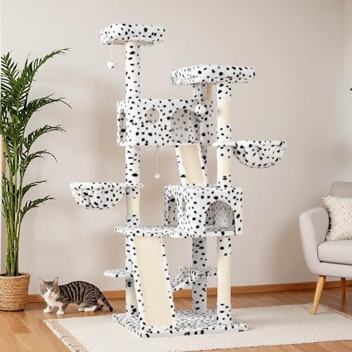 65in Multi Level Large Cat Tree Tower for Indoor Kitties (White & Black Spot)