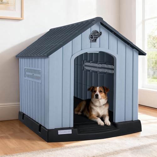Durable Waterproof Plastic Dog House for Small to Medium Sized Dogs (Gray / 33.5"L x 31.5"W x 33.9"H)