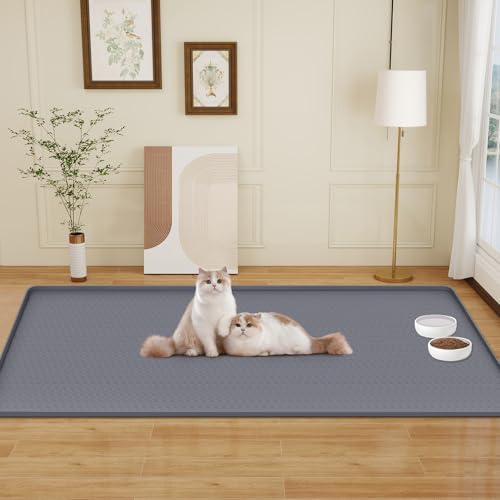 Cat Food Mat Extra Large Silicone Pet Bowl Mat 51''x25.6'' (Dark Grey / 51"L x 25.6"W)