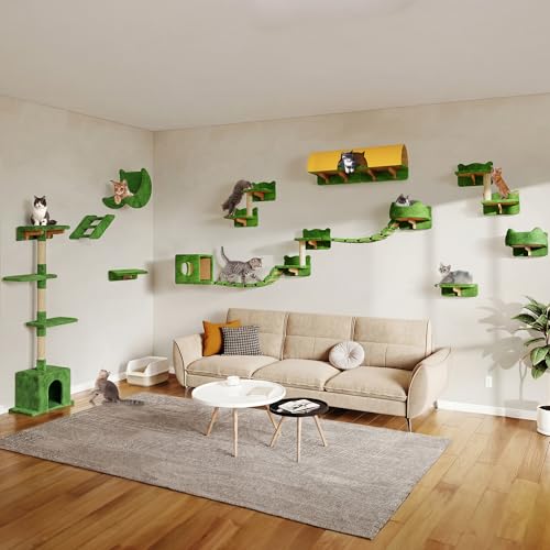 26-in-1 Cat Wall Shelves with Cat Tree, 40''L Tunnel, Moon, Green (Green / 26-in-1)