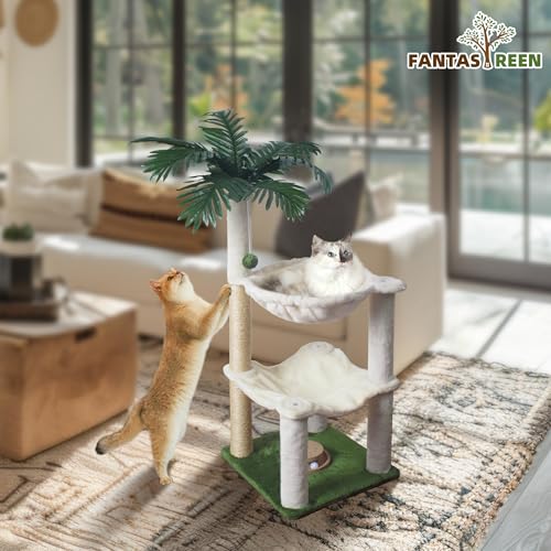 Cat Tree 40'' with Double Hammock & Interactive Toy for Indoor Cats (White-40 Inches)