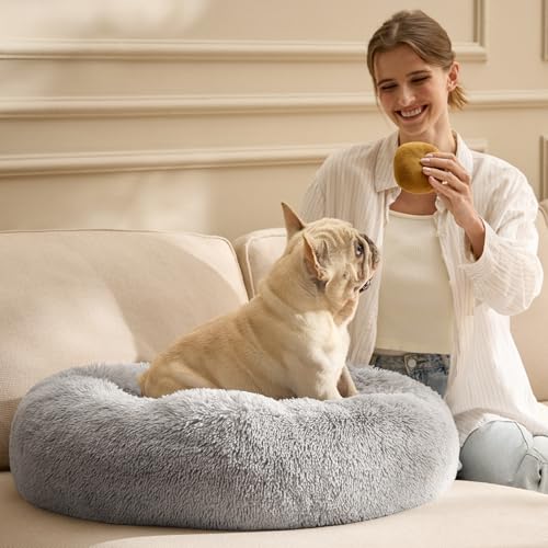 Calming Cat Beds Donut Round Washable Kitten Bed (20"L x 20"W x 6"Th / Pale Grey)