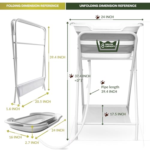2-in-1 Dog Bathtub & Washing Station, Elevated Collapsible Bathtub with Drainhole & Storage Rack, Foldable Portable Indoor/Outdoor Pet Bathing & Grooming for Small Dogs Cats (Bathtub w Station)