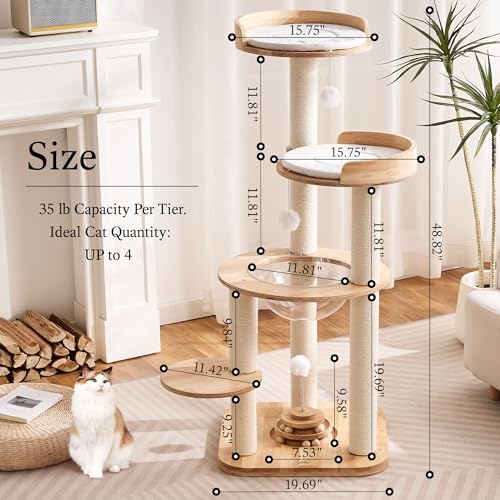 Modern Solid Wood Cat Tree Tower (49 Inch-Turntable Toy)
