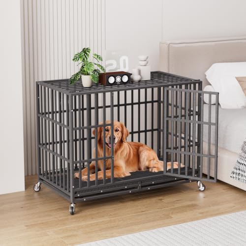 54 Inch Heavy Duty Dog Crate with Wheels for Large Dogs Black (54.0"L x 30.2"W x 42.4"H)
