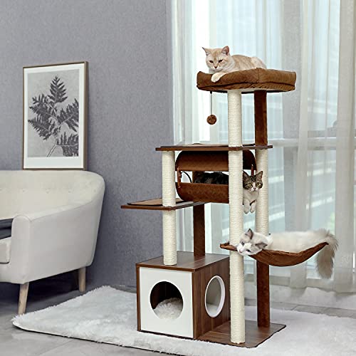 51.4in 6 Level Cat Tree for Indoor Cats with Swing Tunnel (Brown / L(25.6"L x 15.7"W x 51.4"H))
