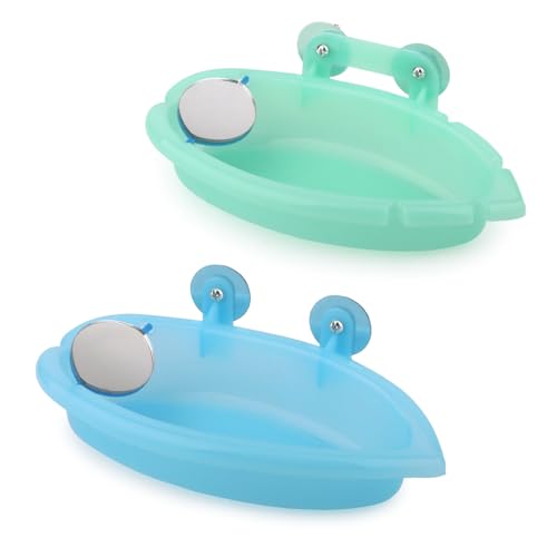 Bird Bath with Mirror for Small Birds Budgie Parakeet Cage (Blue(A)+Green)