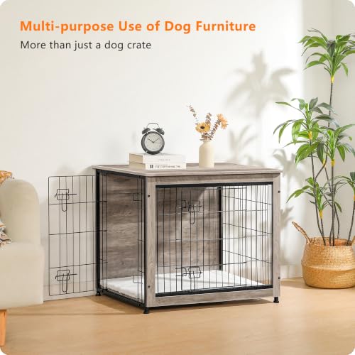 32.5" Dog Crate Furniture with Cushion (Greige / 32.5"L x 21.9"W x 25.6"H)