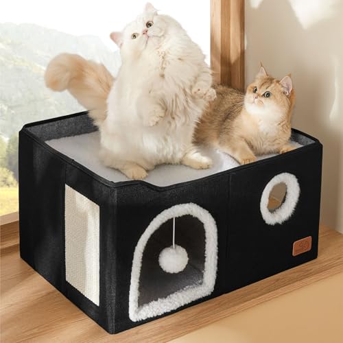 Extra Wide Cat House Bed with Fluffy Ball and Scratch Pad (Black / Widen)