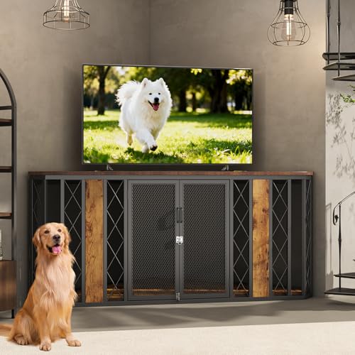 Corner Dog Crate Furniture for Medium to Large Dogs (Brown / 66.9"L x 36.8"W x 29.4"H)