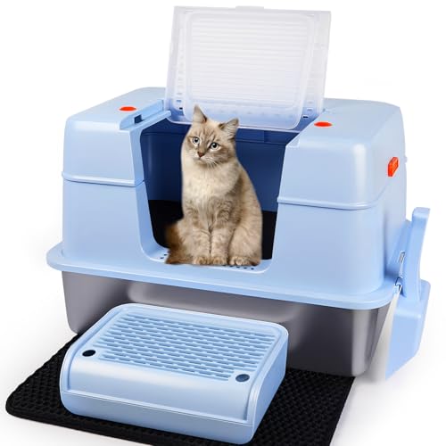Stainless Steel Litter Box with Lid (Blue(With Mat&Step))
