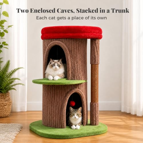 Tree Trunk Cat Tree with 2 Enclosed Caves and Sisal Scratching Post (Stump Brown)