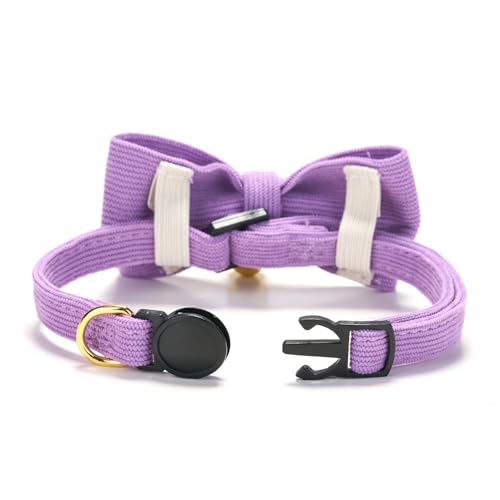 2 Pack Soft Corduroy Cat Collars with Bow Tie & Bell Adjustable Breakaway Kitten Bowtie Collar for Girl Cats (S:Neck 7.0" - 11.0" / Corduroy-Pink Purple)