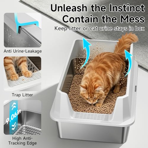 Stainless Steel Sifting Cat Litter Box for Pine Pellets (Light Gray-sifter)
