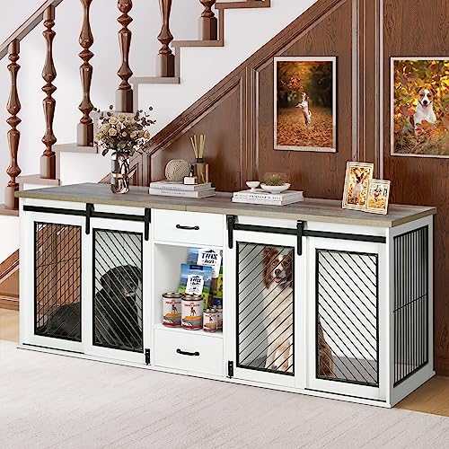 85" XXL Heavy Duty Wooden Double Dog Crate Furniture for Large Dogs Divided (85.0"L x 24.0"W x 33.0"H / White)