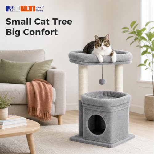 Small Cat Tree Tower for Indoor Cats (Grey / M(15.7"L x 15.7"W x 26.7"H))