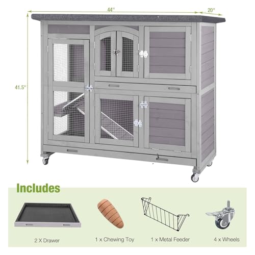 Rabbit Hutch Indoor Outdoor Bunny House Guinea Pig Cage on Wheel with Plastic Tray (Grey / 44.0"L x 20.0"W x 41.5"H)