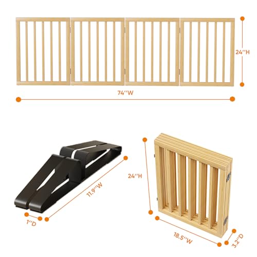 Natural 37 74" Wide Dog Gate for Stair (Bamboo Dog Gate Natural / 4 Panel - 74 inches Wide)