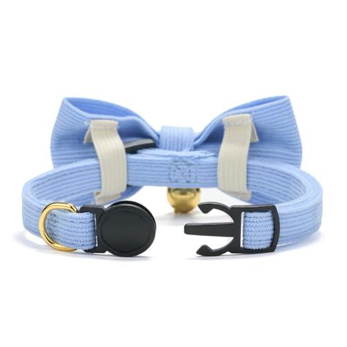 2 Pack Soft Corduroy Cat Collars with Bow Tie & Bell Adjustable Breakaway Kitten Bowtie Collar for Female Male Cats (S:Neck 7.0" - 11.0" / Corduroy-White Blue)