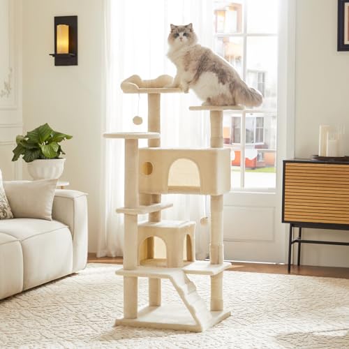 54 Inch Cat Tree Tower with Scratching Posts (Beige / 54'' × 20'' × 20'')