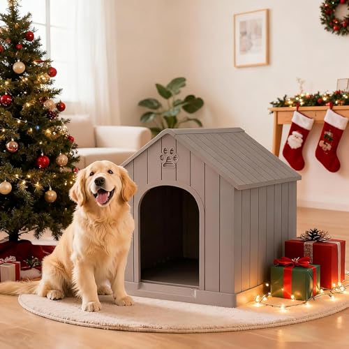 Large Dog House Outdoor Indoor for Medium Large Dogs (Light Grey / 36.2" L × 38" W × 38" H)