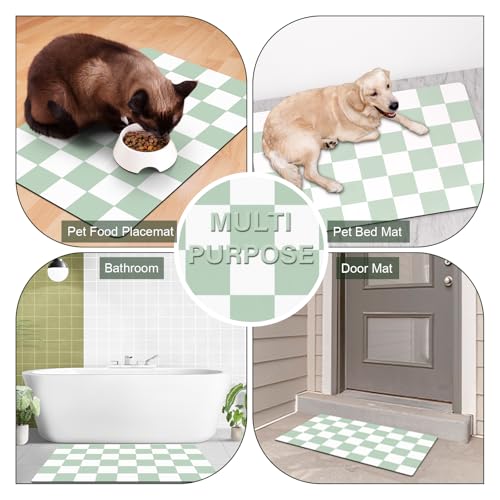 Cat Food Mat 12"x 20" Cat Dog Mats for Food and Water Bowl (12"L x 20"W / Green & White)