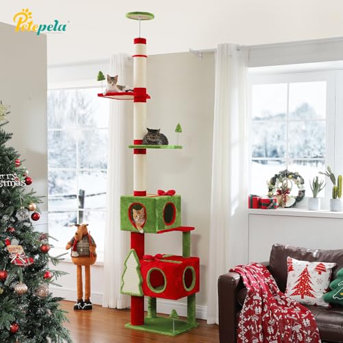 Floor to Ceiling Christmas Cat Tree (91''-108'' / Red & Green)