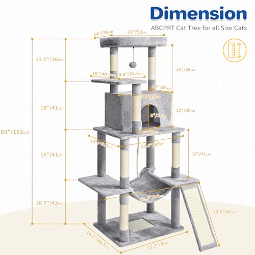 63" Multi Level Cat Tree Tower for Indoor Cats (Light Grey)