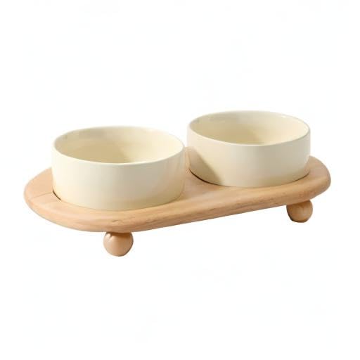 Raised Cat Bowl 5.1” Elevated Ceramic Cat Food and Water Bowl Set (Light Yellow)