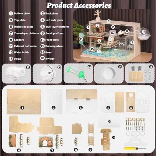 11 in 1 Wooden Hamster Cage with All Accessories (19.3"L x 11.5"W x 11.8"H)