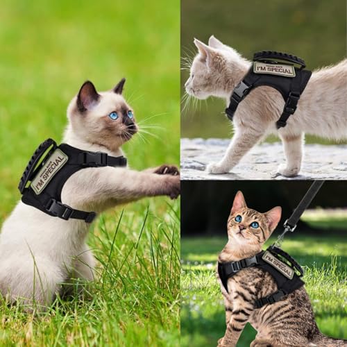 Tactical Cat Harness and Leash Set Soft Mesh Adjustable Large Cat Vest with Rubber Handle Easy to Control for Large Cat Small Dog Outdoor Walking (Black)