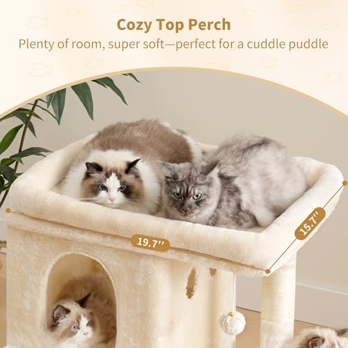 25.6" Cat Tree for Large Cats with Big Perch & Dual Condos HCT204SM (Beige / 25.6 inch)