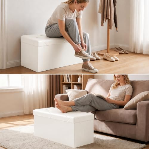 30 Inch Storage Ottoman Bench (Beige / 15.2"D x 30"W x 15.2"H)