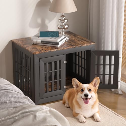 32" Heavy Duty Dog Crate Furniture for Small (32.7"L x 24.4"W x 25.8"H / Black+Brown)