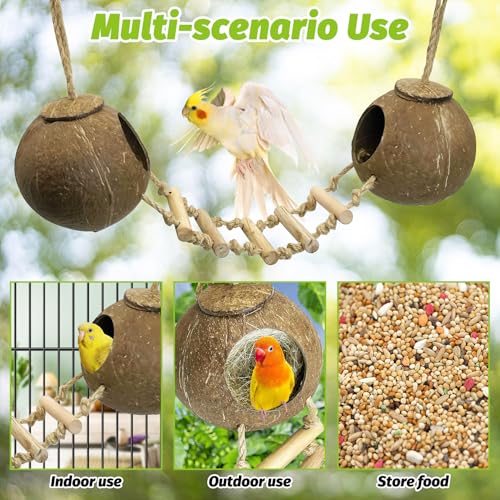 5Pcs Bird Coconut House with Ladder Parakeet Coconut Nest for Cages Parrot Hut Hanging Natural Coconut Fiber Conure Chewing Toys for Cockatiel Budgie Lovebird Cockatoos