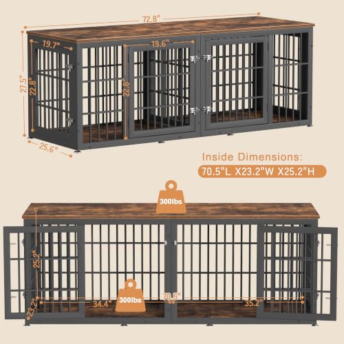 72" Heavy Duty Double Dog Crate Furniture for Large (Black + Rustic Brown / 72.8"L x 25.6"W x 27.5"H)