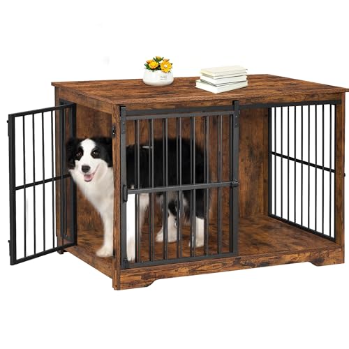 44.1" XL Dog Crate Furniture Indoor Dog Kennel with Barn Door (44.1"L x 27.6"W x 31.9"H / Rustic Brown)