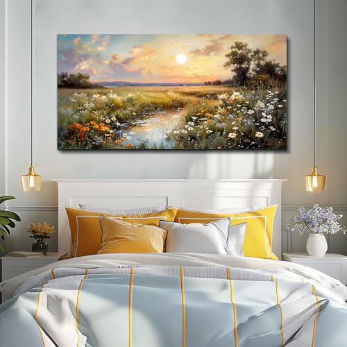 Canvas Wall Art For Living Room Wall Decor For Bedroom Office Decorations Vintage Farmhouse Wildflower Wall Paintings Nature Landscape Picture Artwork Aesthetic Home Decor Ready To Hang (40"L x 20"W / Rural Scenery)