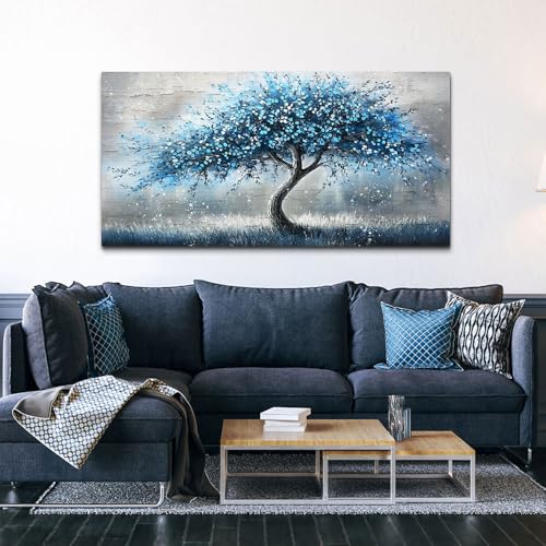 Wall Art Prints Abstract Canvas Painting Blue Tree Picture Panoramic Landscape Artwork Office Decor Modern Poster Ready To Hang Framed For Living Room Bedroom Home Decorations Wall Decor (48"L x 24"W / Blue Tree)