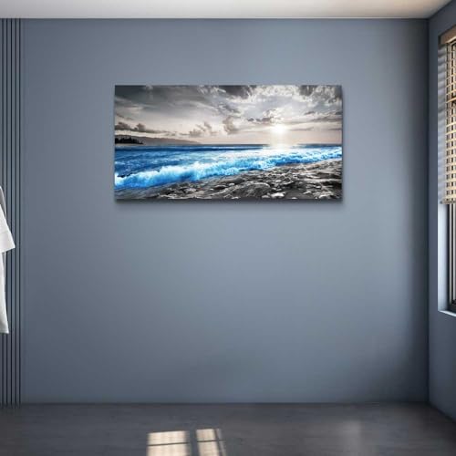Wall Decor For Living Room Framed Canvas Wall Art For Office Bedroom Decorations Blue Ocean Wall Painting Black and White Beach Pictures Artwork Modern Mural Home Walls Decor (40"L x 20"W / Blue Sea Wave Pictures)