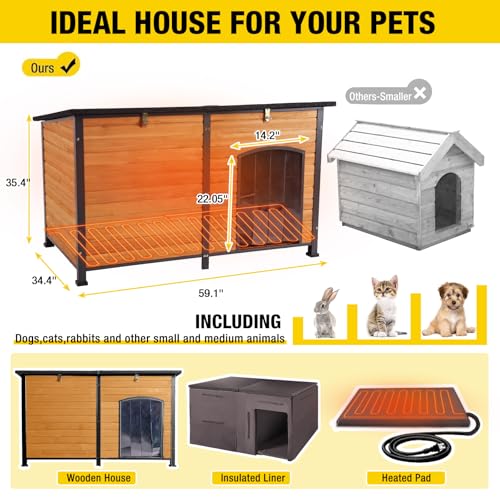 59.1" Extra Large Heated Dog House with Electric Heating Pad (59.1"Brown(Heating pad))