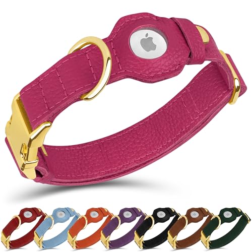 Leather Airtag Dog Collar (Pink / S, 12"-15" Neck Fit)