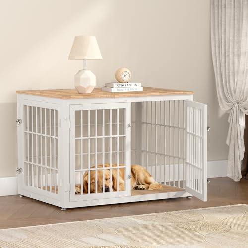 42" Heavy Duty Dog Crate Furniture for Large and Medium Dogs (White + Natural / 42.1"L x 29.9"W x 30.4"H)