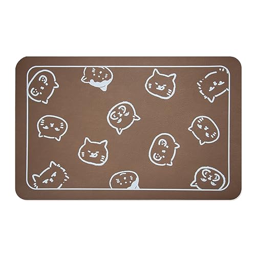 Pet Cat Dog Food Mat (Brown & Multiple cat heads Logo / 18.1"L x 11.8"W)