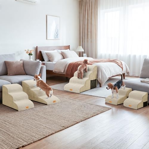 High Density Extended Foam Dog Ramp&Steps 2 Tiers (Beige / 21.7*15.7*11.8)