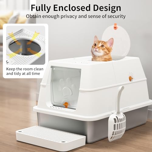 Stainless Steel Cat Litter Box with Lid (White)