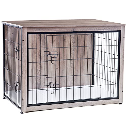 43.3" XXL Dog Crate Furniture with Cushion (Greige / 43.3"L x 29.1"W x 31.7"H)
